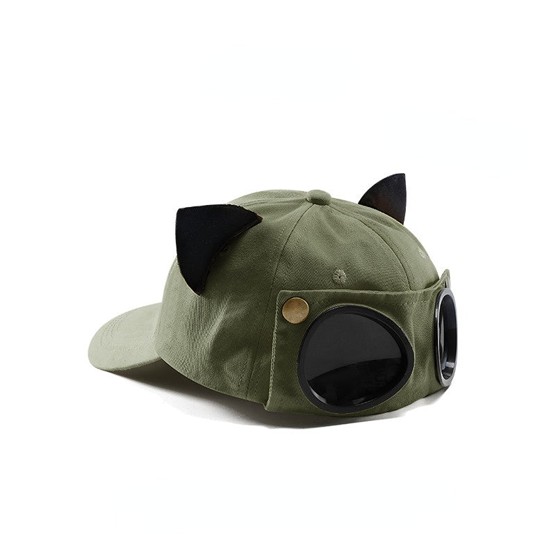 Venta al por mayor, gorra de béisbol con gafas de aviador con orejas de gato lindas de poliéster y algodón